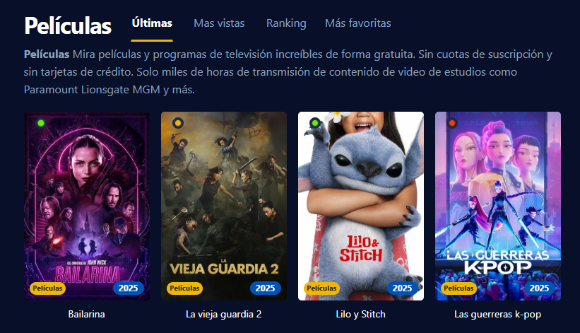 Captura de pantalla de la interfaz de usuario de Pelisplus, mostrando una amplia variedad de películas y series.